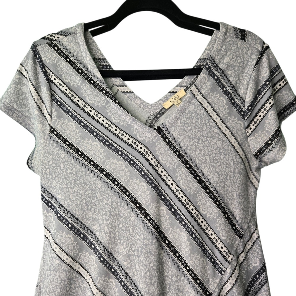 Kori America Grey Stripe Floral Maxi Dress Small Womens Boho Summer Comfy Tribal